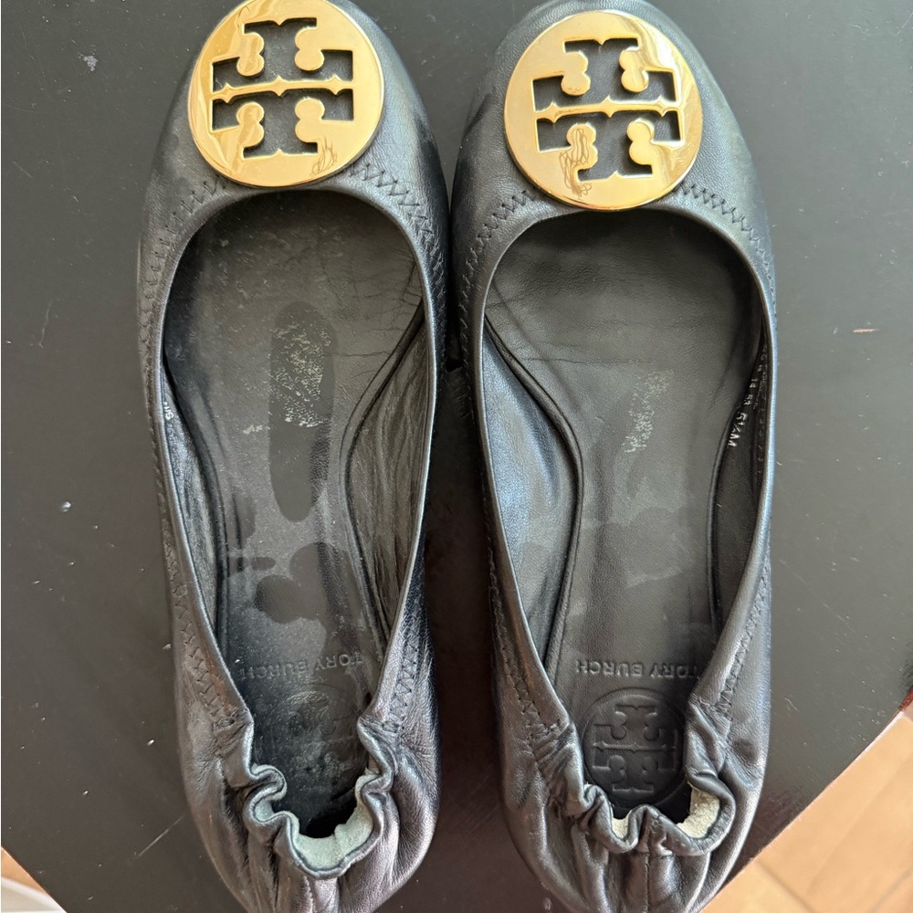 Tory Burch Black and Gold Flats with Iconic Logo